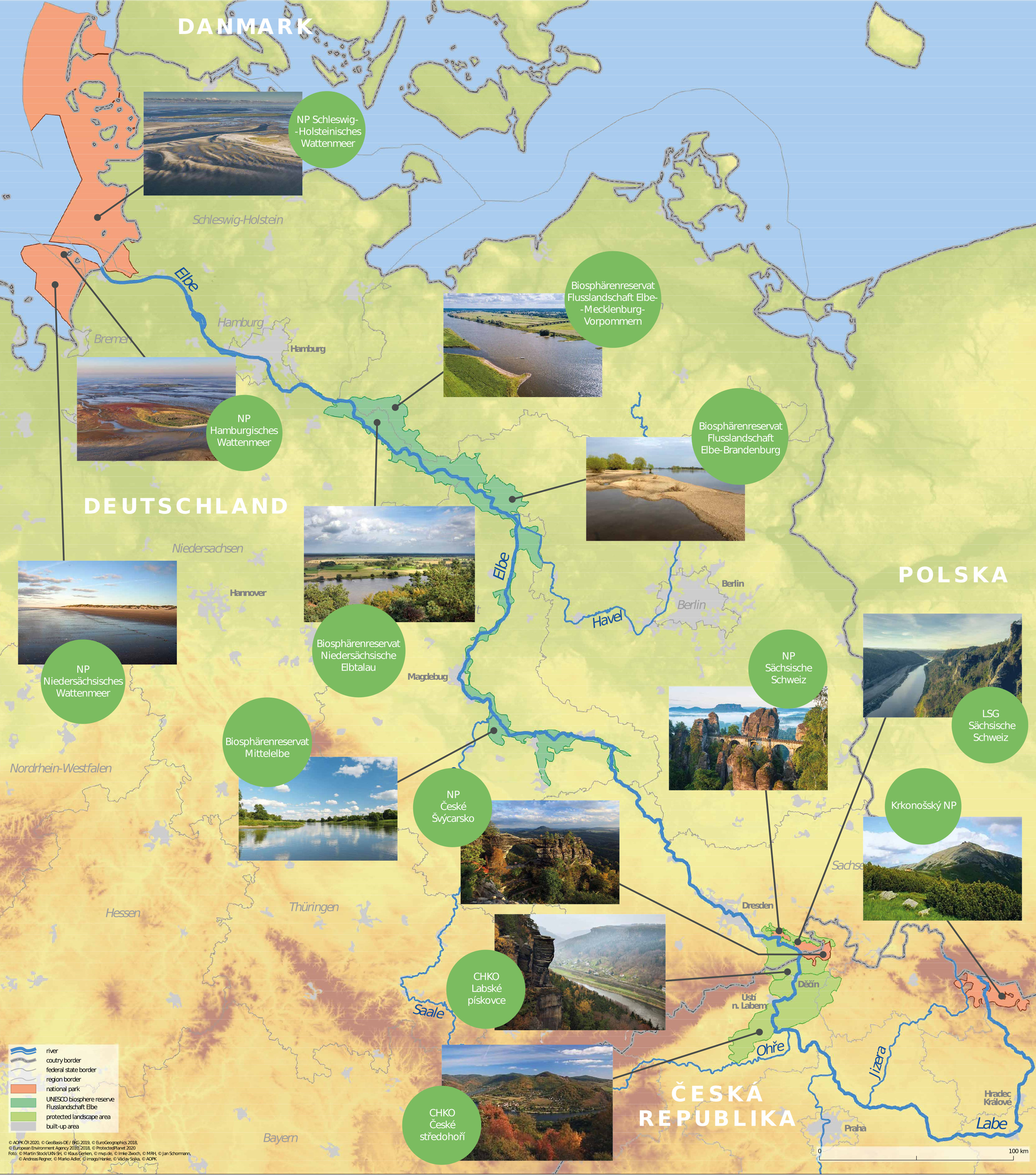 Mapa Elbe ParksMapa s vyznačením chráněných území podél toku Labe, která se připojila k iniciativě Elbe Parks.