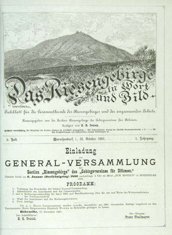 Titulní strana časopisu : Das Riesengebirge in Wort und Bild
