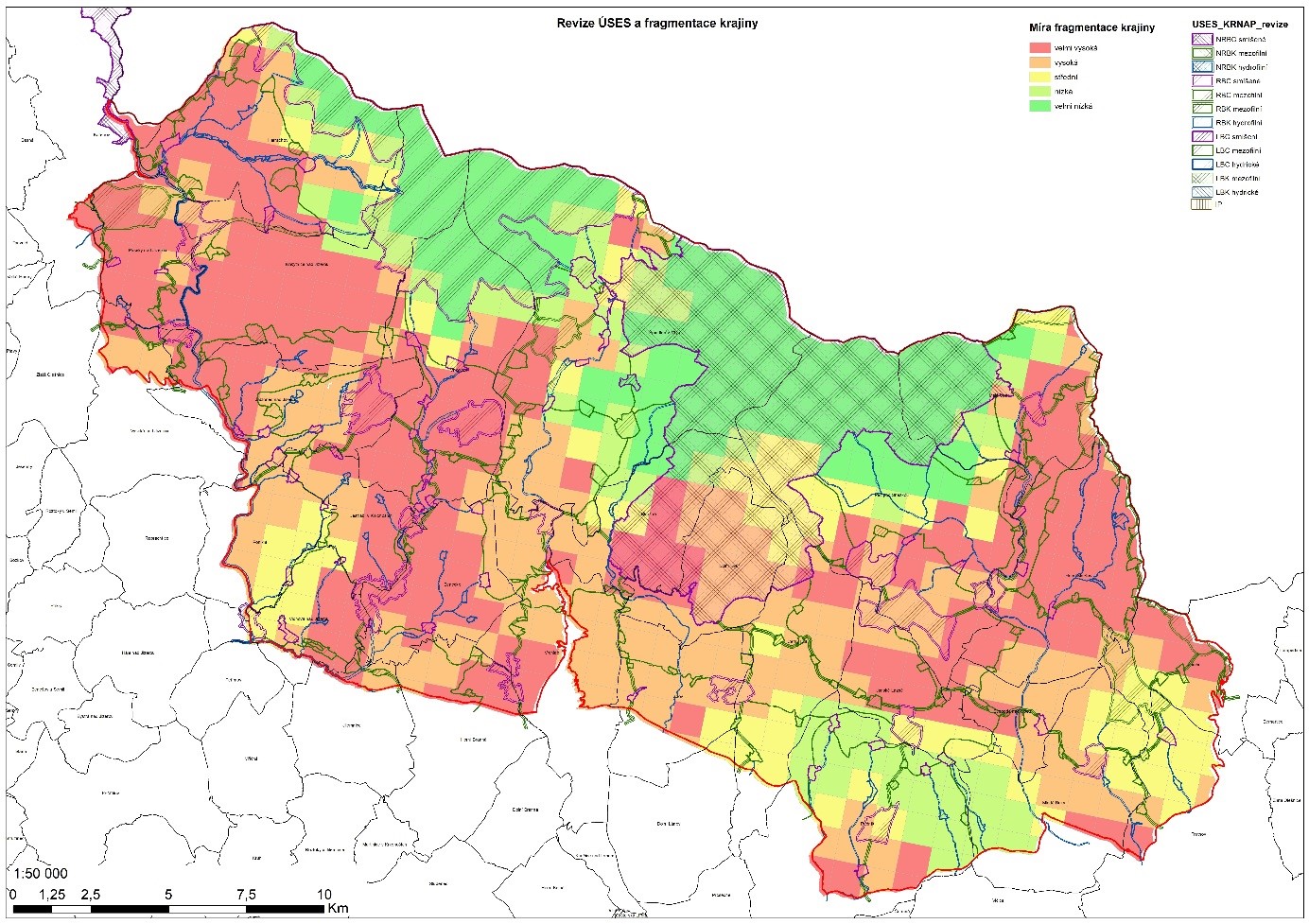 Obr. 1: Míra fragmentace krajiny a zelené infrastruktury KRNAP a jeho OP včetně návrhu Revize ÚSES.