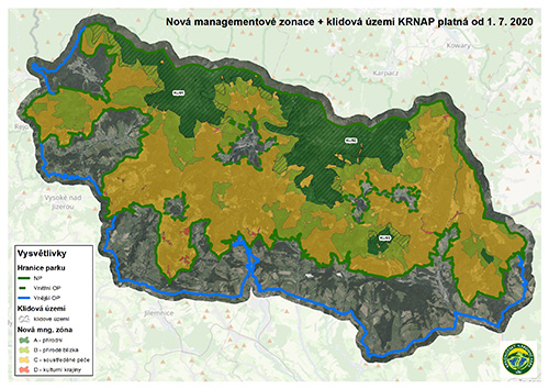 Nová managementová zonace a klidová území KRNAP platná od 1. 7. 2020